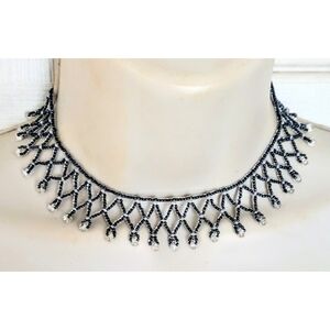 Vintage Artisan Blue & Clear Netted Woven Seed Bead Girls Choker Necklace 12.5"